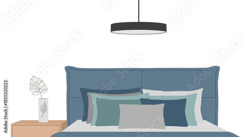 Modern bedroom design with minimalist bed and monstera plant decor