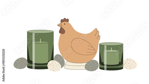 Rustic chicken with candles and eggs: cozy farmhouse decor in minimalist style
