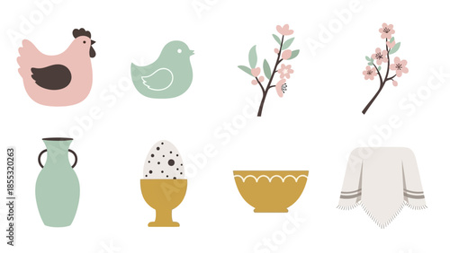 Pastel easter icons set with chickens, eggs, and cherry blossoms