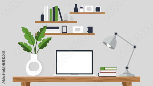 Modern minimal workspace with laptop and books on wooden desk with plants and shelving
