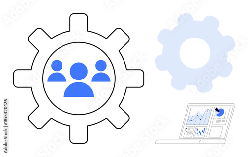 Team collaboration, data management, analytics, business strategy, innovation, process optimization. Gear with people icons, another gear and a stats dashboard. Team collaboration and data