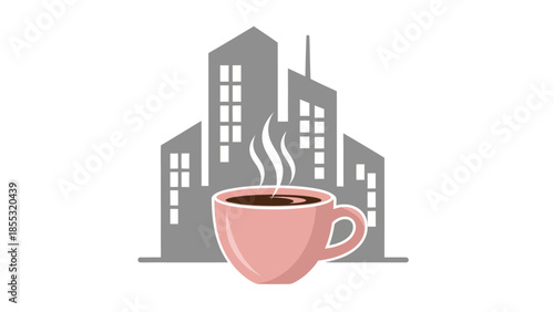 Urban coffee break: modern cityscape with a steaming mug