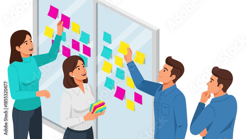 Team collaboration and brainstorming with colorful sticky notes on glass wall