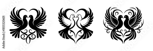 Elegant doves forming heart emblems for love and peace, silhouette vector illustrations