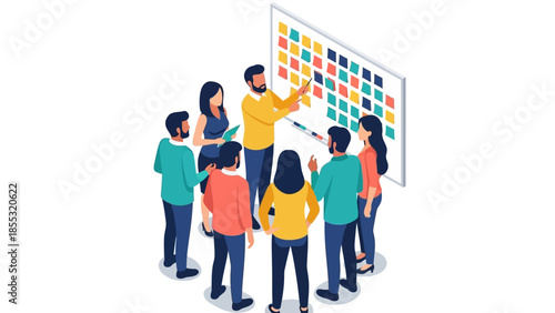 Isometric team collaboration on project planning with sticky notes
