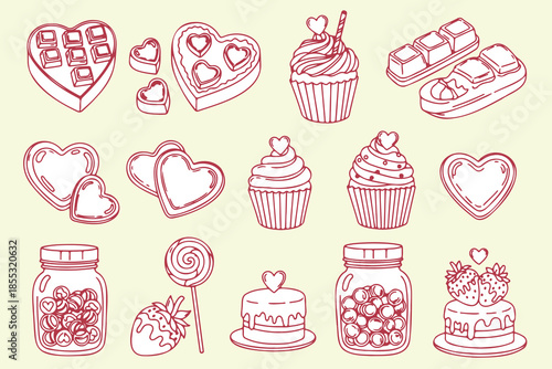 Seamless pattern with pink hearts and cute vector illustrations of sweet cupcakes, birthday muffins, and bakery desserts featuring cream, chocolate, and cherry icons in a cartoon style