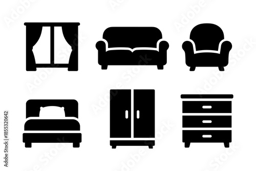 Minimalist furniture silhouettes: sofa, chair, bed, wardrobe, dresser icons