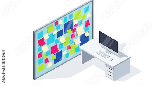 Modern office workspace with sticky note wall and desktop computer in isometric style