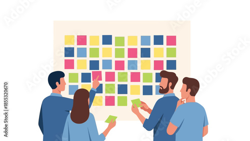Team collaboration and brainstorming with colorful sticky notes on board
