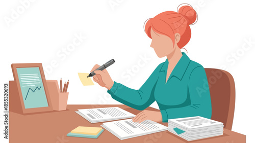 Businesswoman at desk writing notes with office supplies and digital tablet