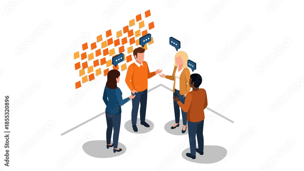 Fototapeta premium Isometric team collaboration in modern office with sticky notes and speech bubbles