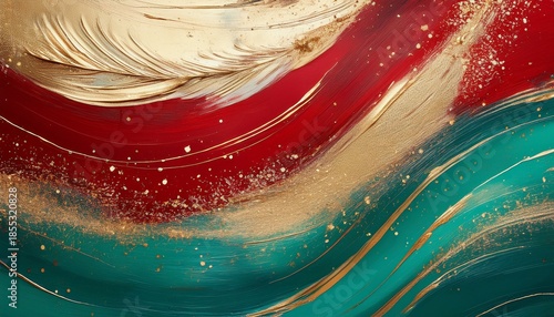 Modern Abstract Christmas Background With Teal Red And Gold Brushstroke Textures Sparkling Accents