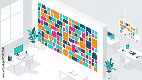 Modern office workspace with colorful geometric wall art and minimalist design