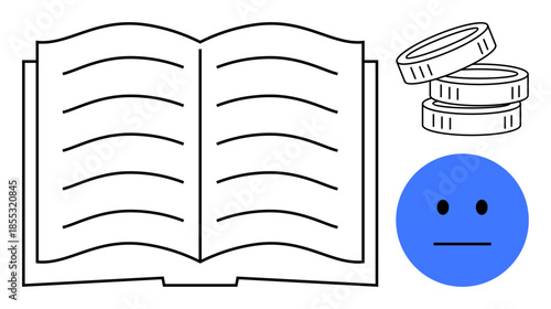 Education, financial planning, emotional expression, knowledge management, budgeting strategies, human emotions. Open book, coins and a blue neutral face emotion. Education and financial planning