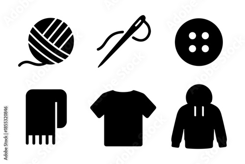 Collection of clothing and sewing icons in bold silhouette style