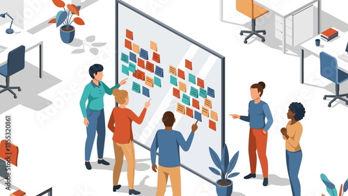 Office team collaboration in modern open workspace with sticky notes
