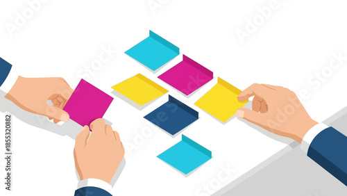 Business strategy concept with hands arranging colorful sticky notes in flat design