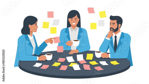 Team collaboration meeting with coffee and sticky notes in modern flat style