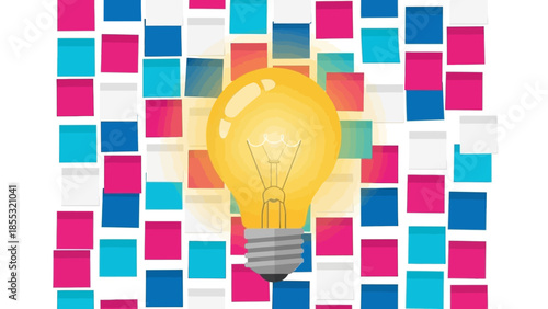 Creative light bulb amid colorful sticky notes for innovative brainstorming