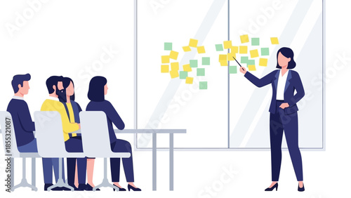 Team meeting with presentation and sticky notes in conference room scene
