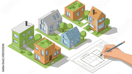 Sustainable architecture with modern eco-friendly homes and blueprint concept