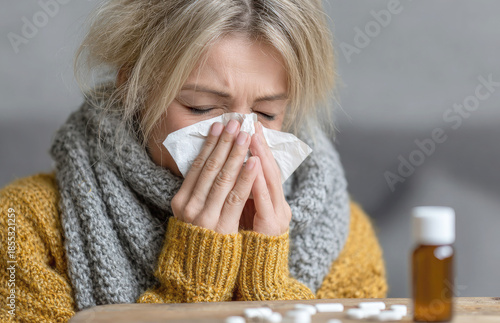 sick woman, wrapped in a wool scarf, blows her nose into a white paper handkerchief, demonstrating cold or flu symptoms, sitting in front of jars of medicine and pills. Concept of health, treatment