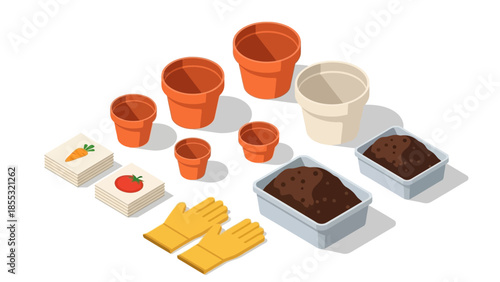 Isometric gardening kit with pots, soil, seeds, and gloves for home planting