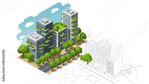 Sustainable urban architecture: isometric eco-friendly skyscraper design blueprint