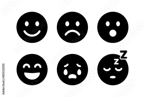 Collection of emotion icons: happy, sad, surprised, sleepy faces in black silhouette style