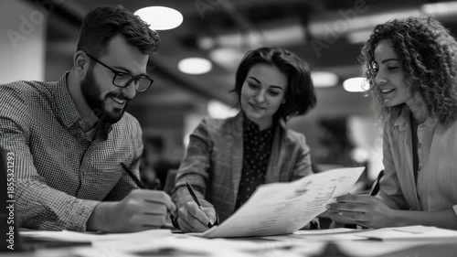 Four colleagues discussing paperwork at a conference table with smiles on their faces