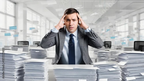 This depicts a man sitting at a desk amidst stacks of papers and binders, appearing stressed and overwhelmed by the amount of work. He is holding his head in his hands