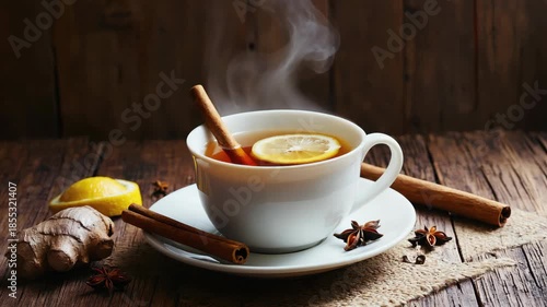 Spicy hot beverage in a white cup, featuring natural ingredients like ginger root and lemon. Perfect for cold days or relaxation.