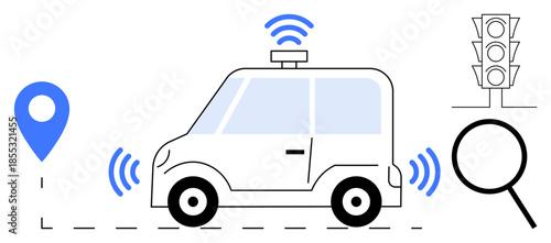 Self-driving car with GPS marker, wireless signals, magnifying glass, and traffic light. Ideal for technology, navigation, innovation, AI transportation automation safety. Simple flat metaphor