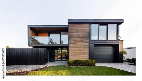 modern black two story house with large glass windows wooden details and minimal landscaping isolated on white background concept of luxury architecture sustainable design and modern home living