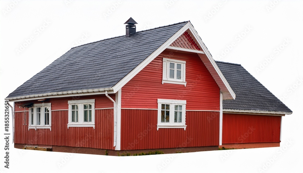 Obraz premium red wooden house with white trim and dark roof isolated on white background