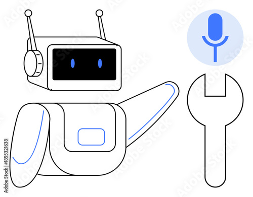 Artificial intelligence, voice recognition, robotics, technology innovation, virtual assistants, machine learning. Robot figure with microphone and wrench symbol. Artificial intelligence and voice