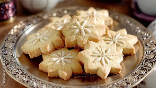 A collection of star-shaped cookies with cream icing arranged neatly on a fancy serving plate.