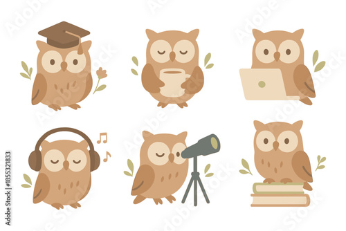 Charming owls engaged in learning and leisure activities