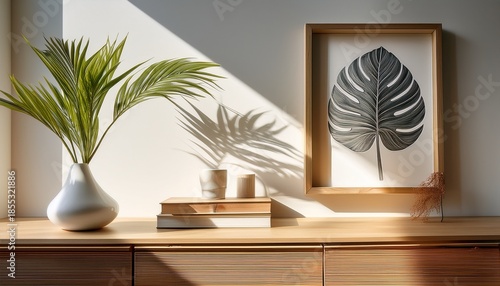 a minimalist room with a wood shelf a framed leaf art print white vase books and large green palm plant create a calming modern home decor sunlight streams through window bright interior