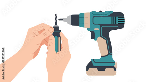 Person assembling drill bit with modern electric drill in flat design