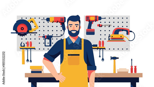 Handyman in workshop with tools on pegboard in flat design style