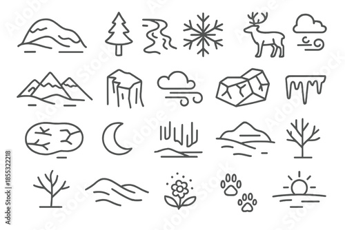 Tundra Icons Collection. Line style icons of tundra landscapes: frozen hill, pine tree, icy river, snowflake, reindeer, mountain