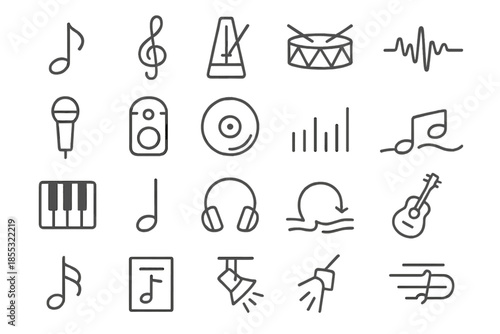 Music Icons Collection. Line style icons of music and rhythm: note, clef, metronome, drum, sound wave, microphone, speaker, record