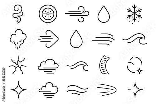 Frost and Motion Icons. Line style icons of frost and motion: smoke swirl, wheel spin, gust line, snow trail, steam cloud, wind