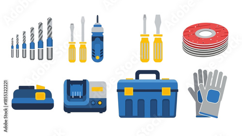 Complete set of flat power tool accessories with drill bits,