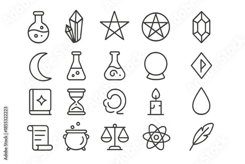 Mystical Alchemy Icons. Line style icons of mystical alchemy: flask, crystal, star, pentagram, moon, vial, potion swirl, orb, rune