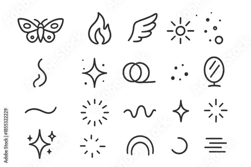 Light Transformation Icons. Line style icons of light and transformation: moth, flame, wing, glow, candle, smoke, spark,
