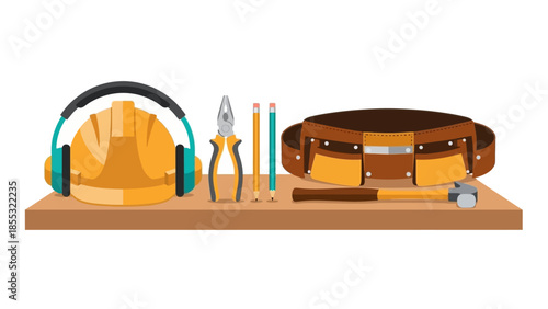 Essential construction tools and gear on workbench for safety and