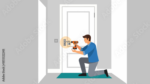 Professional locksmith installing a door lock with a drill in modern