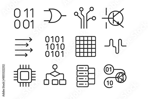 Binary Systems Icons. Line style icons of binary systems: 0 and 1 digits, logic gate, circuit path, transistor, data flow, code
